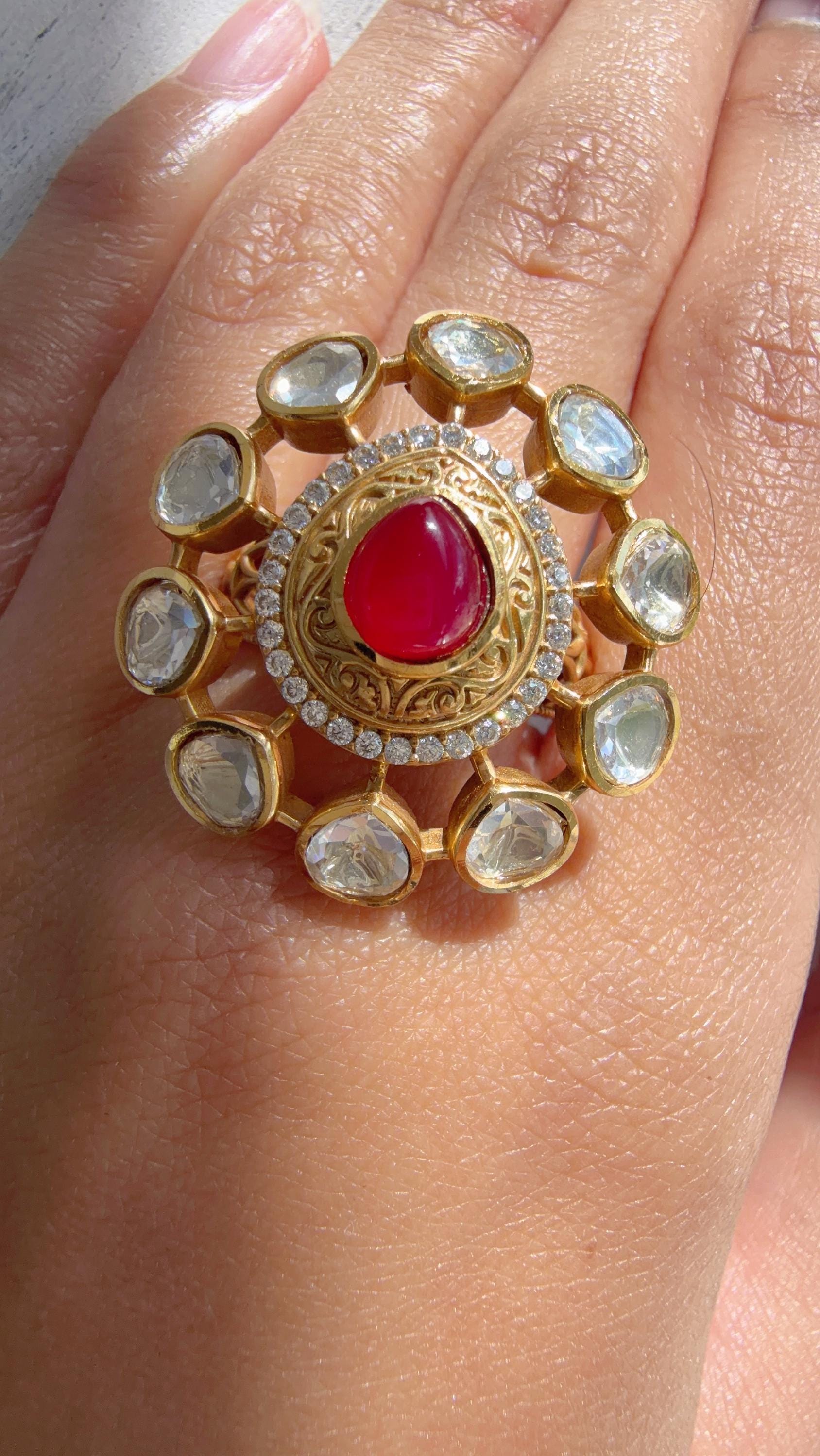 Ruby Meenakari work Statement ring/Bridal Kundan Moissanite diamond Ring/Adjustable Ring/Indian Wedding jewelry/