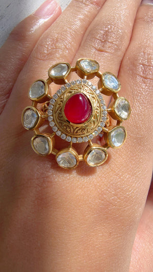 Ruby Meenakari work Statement ring/Bridal Kundan Moissanite diamond Ring/Adjustable Ring/Indian Wedding jewelry/