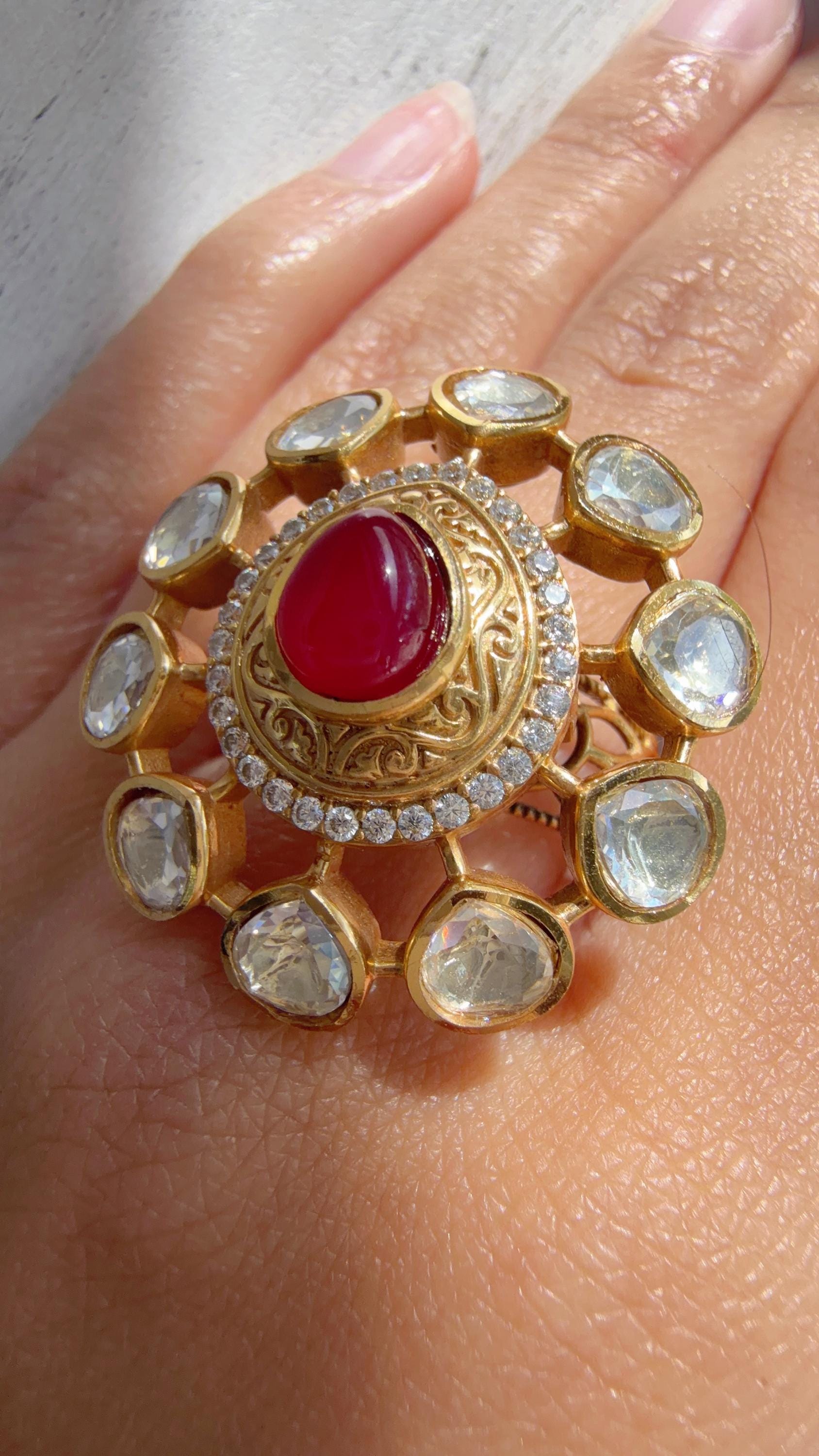 Ruby Meenakari work Statement ring/Bridal Kundan Moissanite diamond Ring/Adjustable Ring/Indian Wedding jewelry/