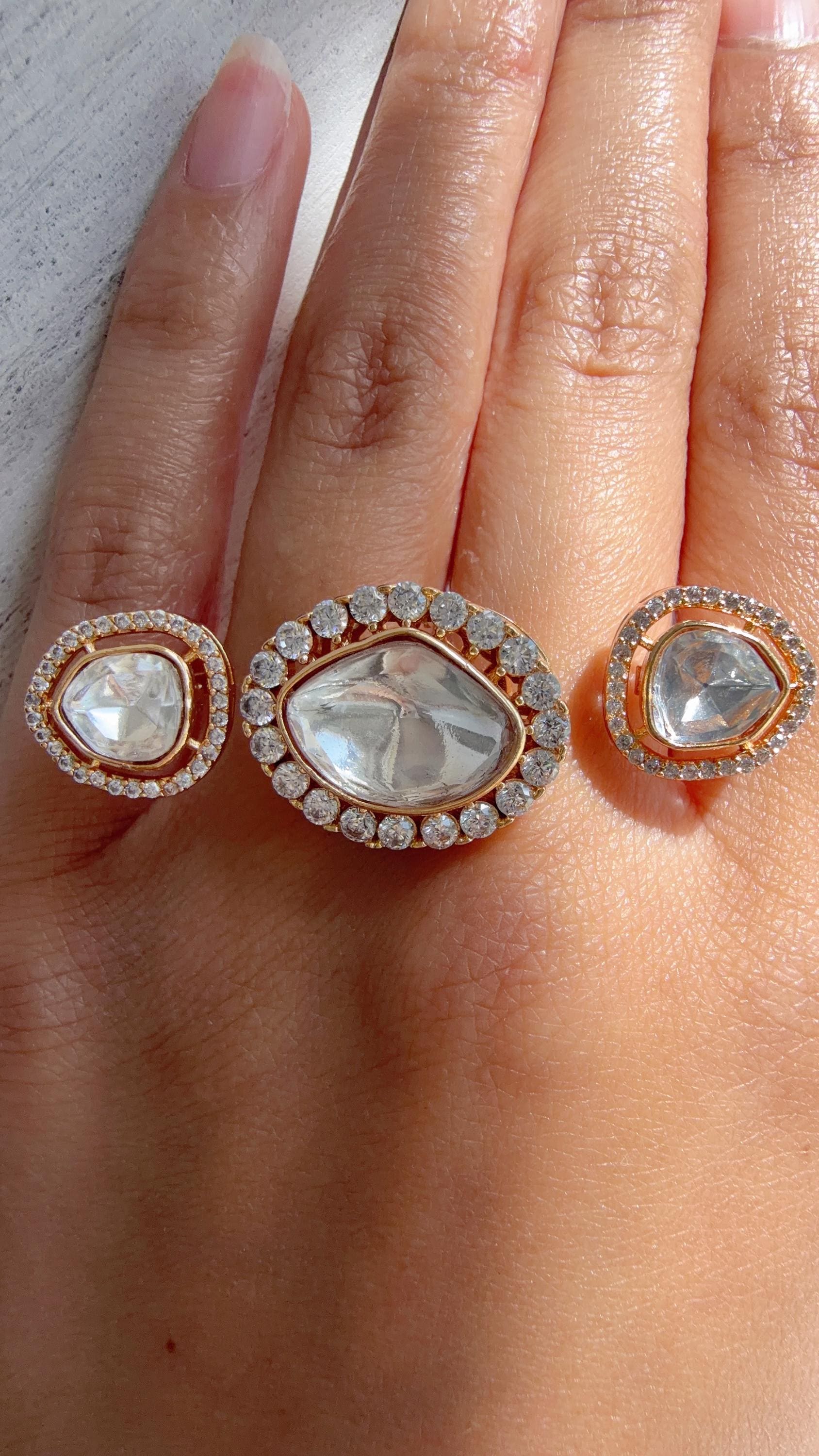 Double Finger Statement ring/Bridal Kundan Moissanite diamond Ring/Adjustable Ring/Indian Wedding jewelry/