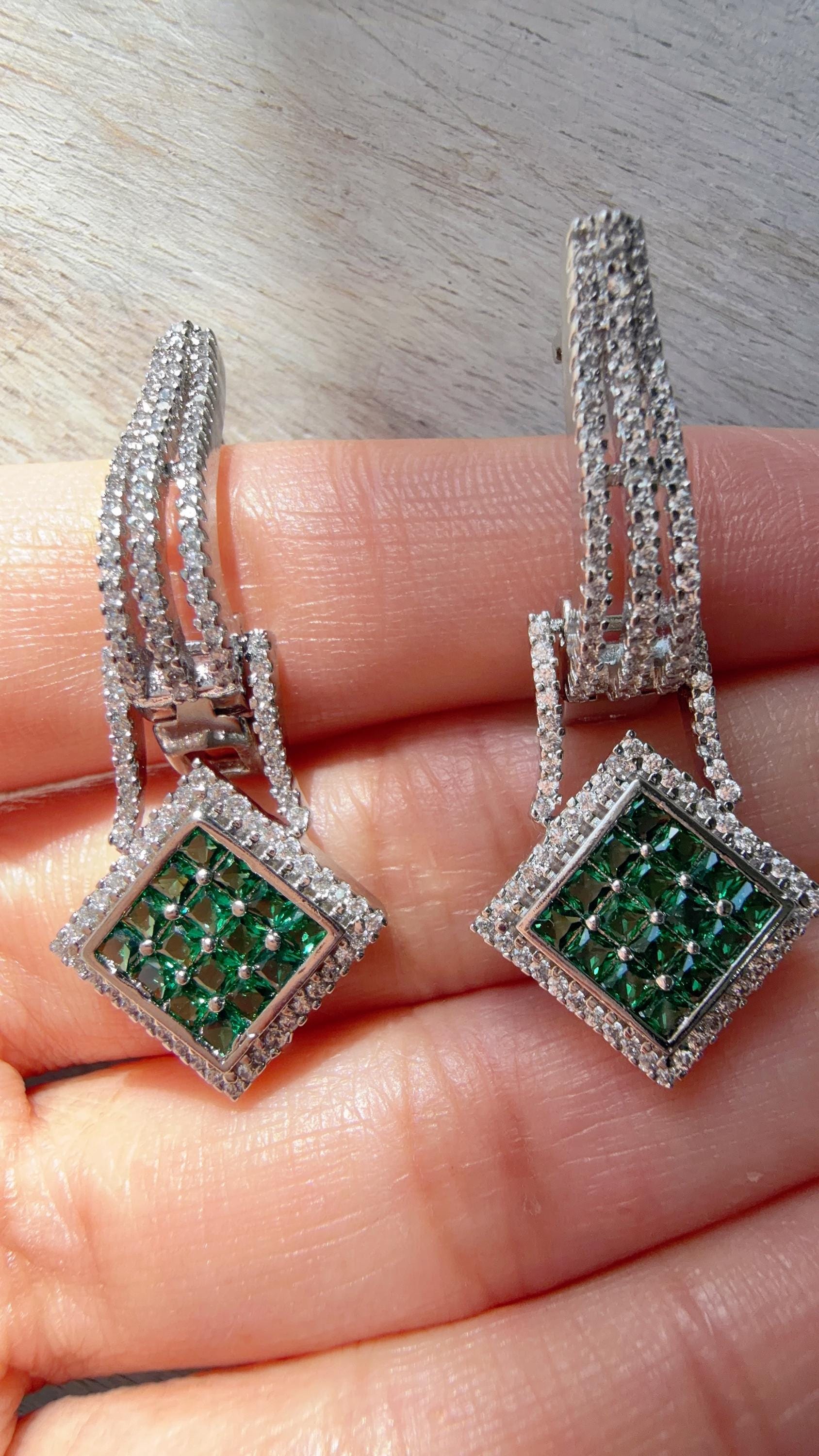 Silver Crystal Hoop Earrings | Cubic Zirconia Green Hoops | Elegant Lever Back Earrings | Everyday Luxury Jewelry | Gift for Her