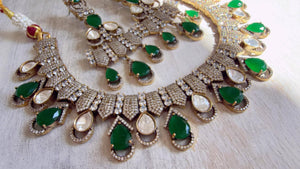 Emerald Green Victorian Stone Bridal Necklace Set | Moissanite Polki Kundan Necklace | Indian Wedding Jewelry | Statement Necklace - Anna