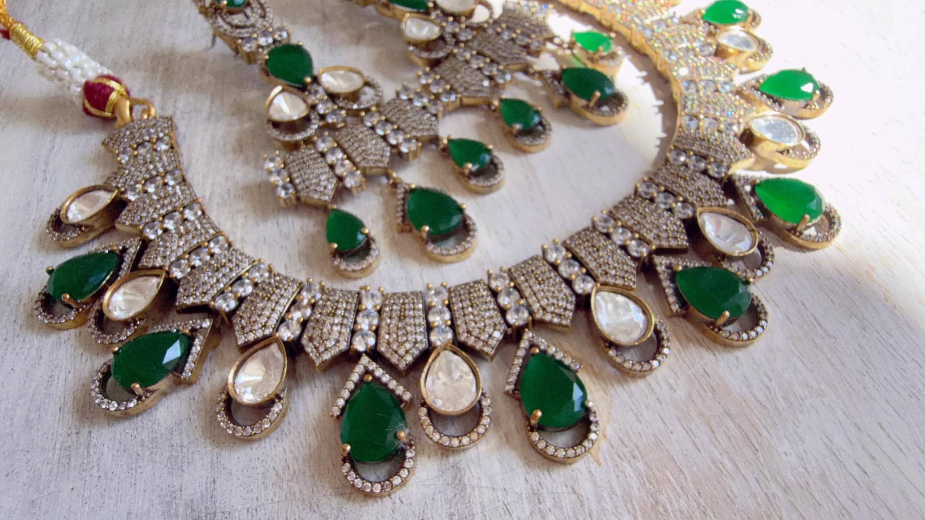 Emerald Green Victorian Stone Bridal Necklace Set | Moissanite Polki Kundan Necklace | Indian Wedding Jewelry | Statement Necklace - Anna