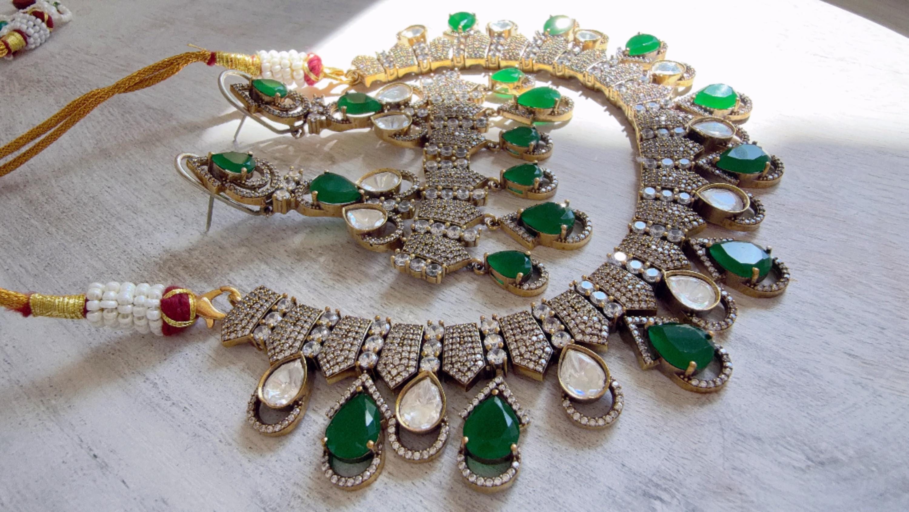 Emerald Green Victorian Stone Bridal Necklace Set | Moissanite Polki Kundan Necklace | Indian Wedding Jewelry | Statement Necklace - Anna