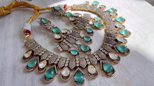 Mint Victorian Stone Bridal Necklace Set | Moissanite Polki Kundan Necklace | Indian Wedding Jewelry | Statement Necklace - Anna