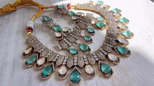 Mint Victorian Stone Bridal Necklace Set | Moissanite Polki Kundan Necklace | Indian Wedding Jewelry | Statement Necklace - Anna