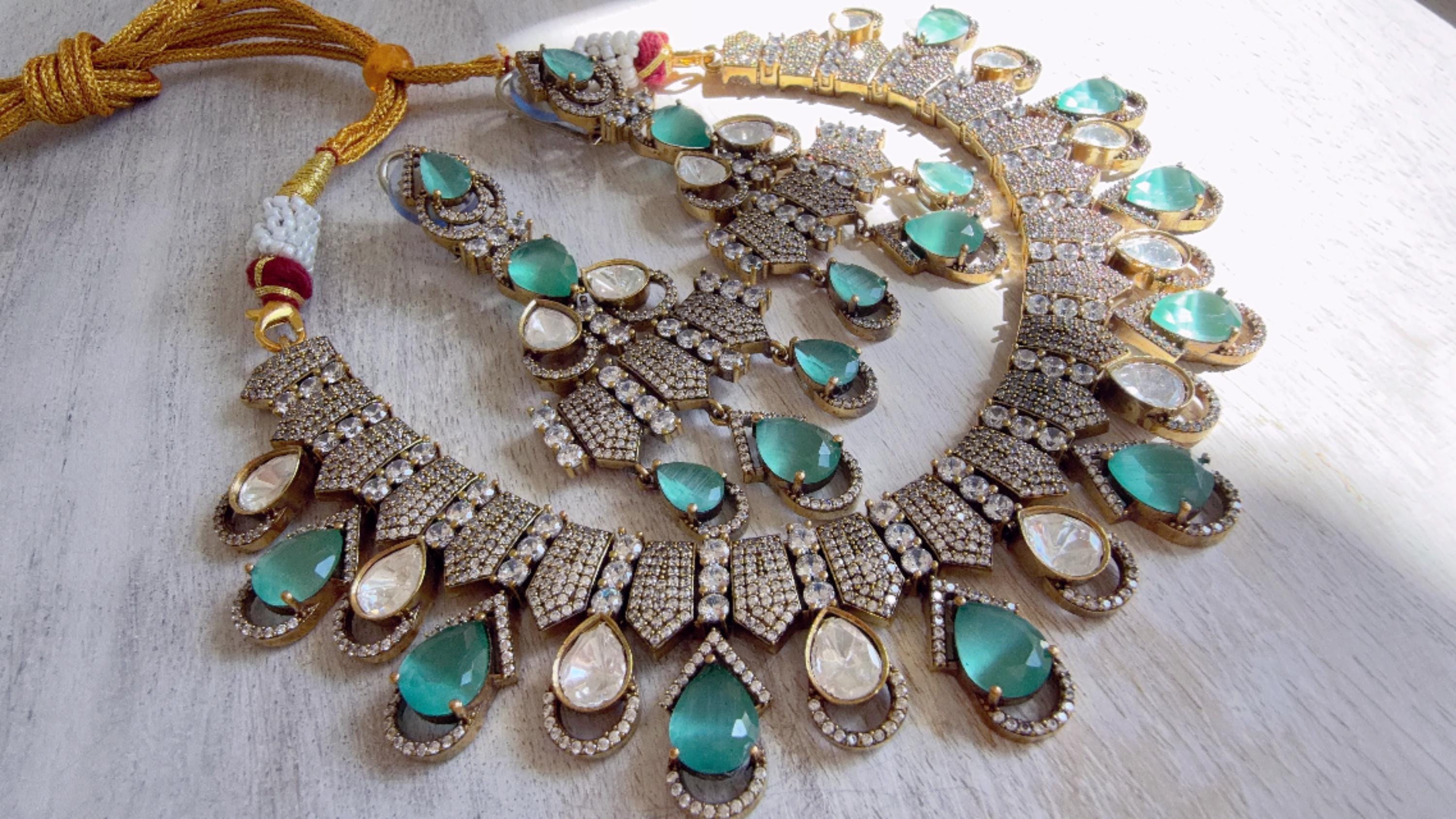 Mint Victorian Stone Bridal Necklace Set | Moissanite Polki Kundan Necklace | Indian Wedding Jewelry | Statement Necklace - Anna