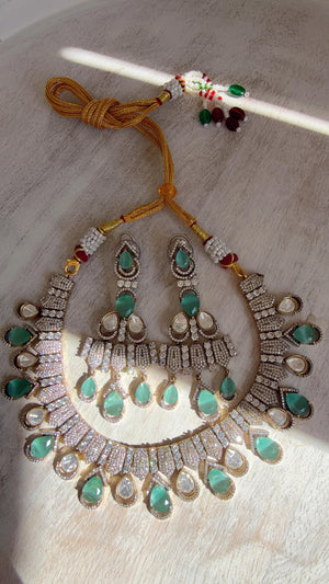Mint Victorian Stone Bridal Necklace Set | Moissanite Polki Kundan Necklace | Indian Wedding Jewelry | Statement Necklace - Anna