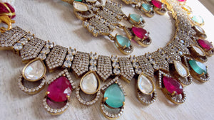 Ruby Mint Victorian Stone Bridal Necklace Set | Moissanite Polki Kundan Necklace | Indian Wedding Jewelry | Statement Necklace - Anna