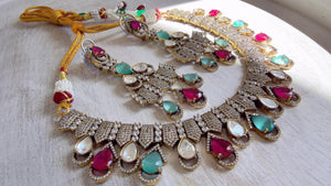 Ruby Mint Victorian Stone Bridal Necklace Set | Moissanite Polki Kundan Necklace | Indian Wedding Jewelry | Statement Necklace - Anna