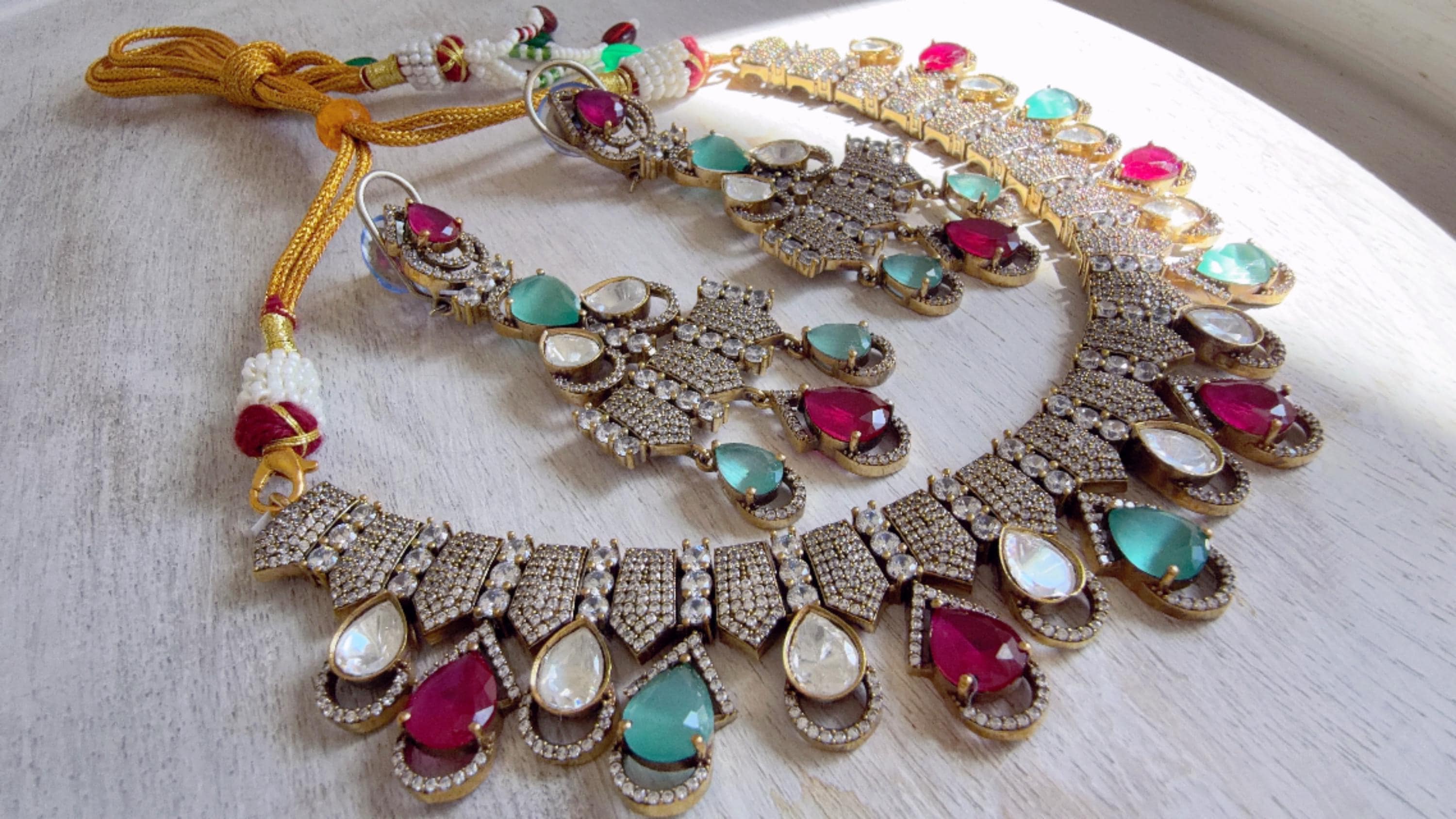 Ruby Mint Victorian Stone Bridal Necklace Set | Moissanite Polki Kundan Necklace | Indian Wedding Jewelry | Statement Necklace - Anna