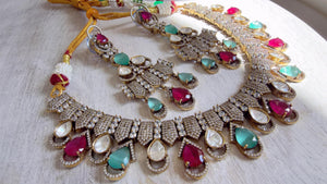 Ruby Mint Victorian Stone Bridal Necklace Set | Moissanite Polki Kundan Necklace | Indian Wedding Jewelry | Statement Necklace - Anna