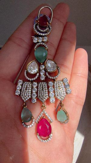 Ruby Mint Victorian Stone Bridal Necklace Set | Moissanite Polki Kundan Necklace | Indian Wedding Jewelry | Statement Necklace - Anna