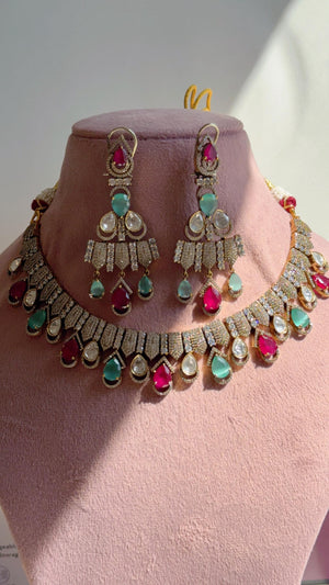 Ruby Mint Victorian Stone Bridal Necklace Set | Moissanite Polki Kundan Necklace | Indian Wedding Jewelry | Statement Necklace - Anna