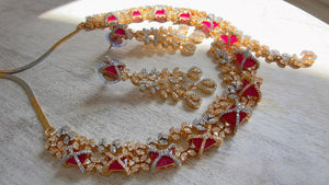 Ruby 2 Tone Bridal Diamond Necklace Set | Moissanite CZ Necklace | Indian Wedding Jewelry | Statement Necklace - Sam