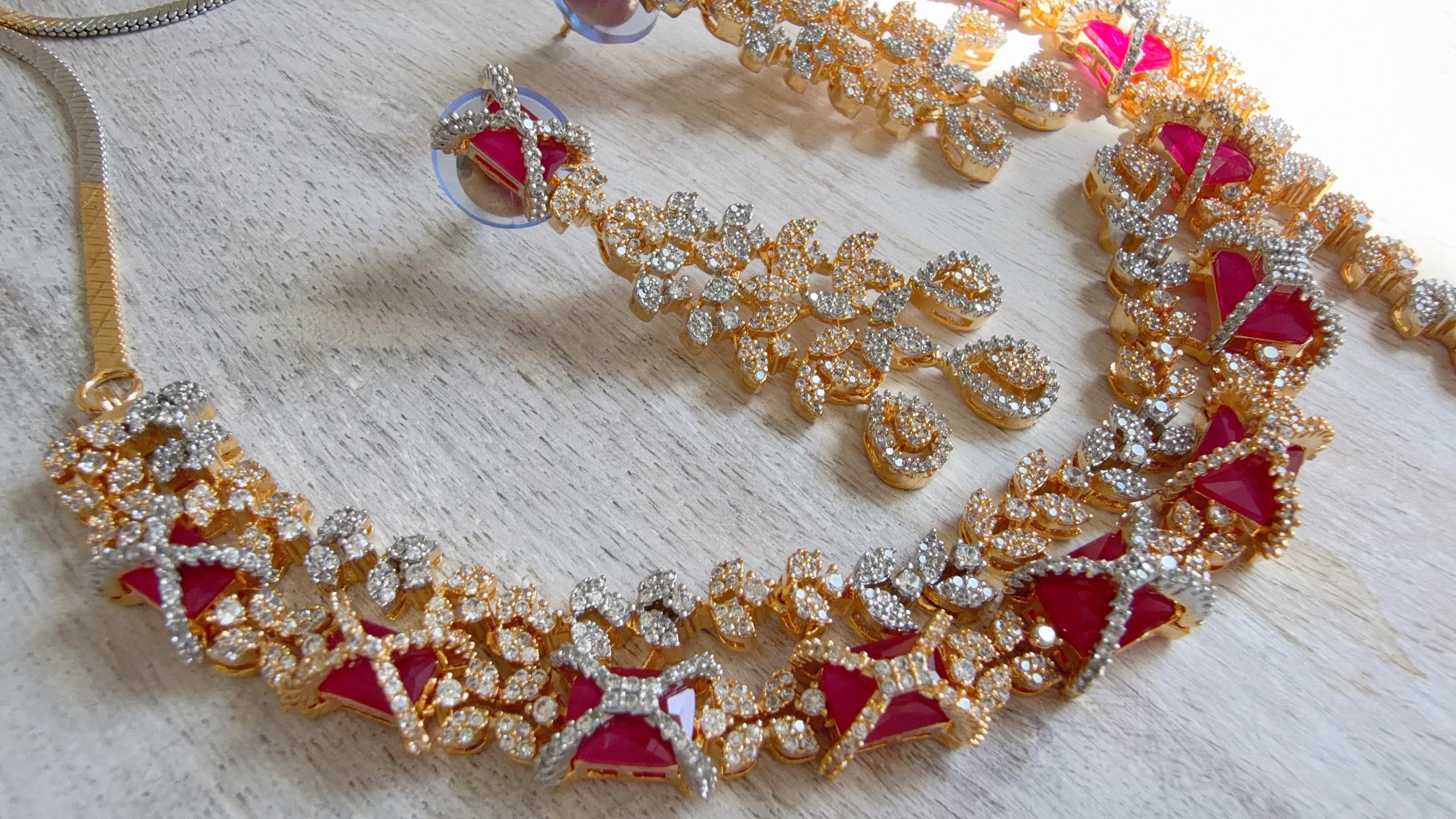 Ruby 2 Tone Bridal Diamond Necklace Set | Moissanite CZ Necklace | Indian Wedding Jewelry | Statement Necklace - Sam