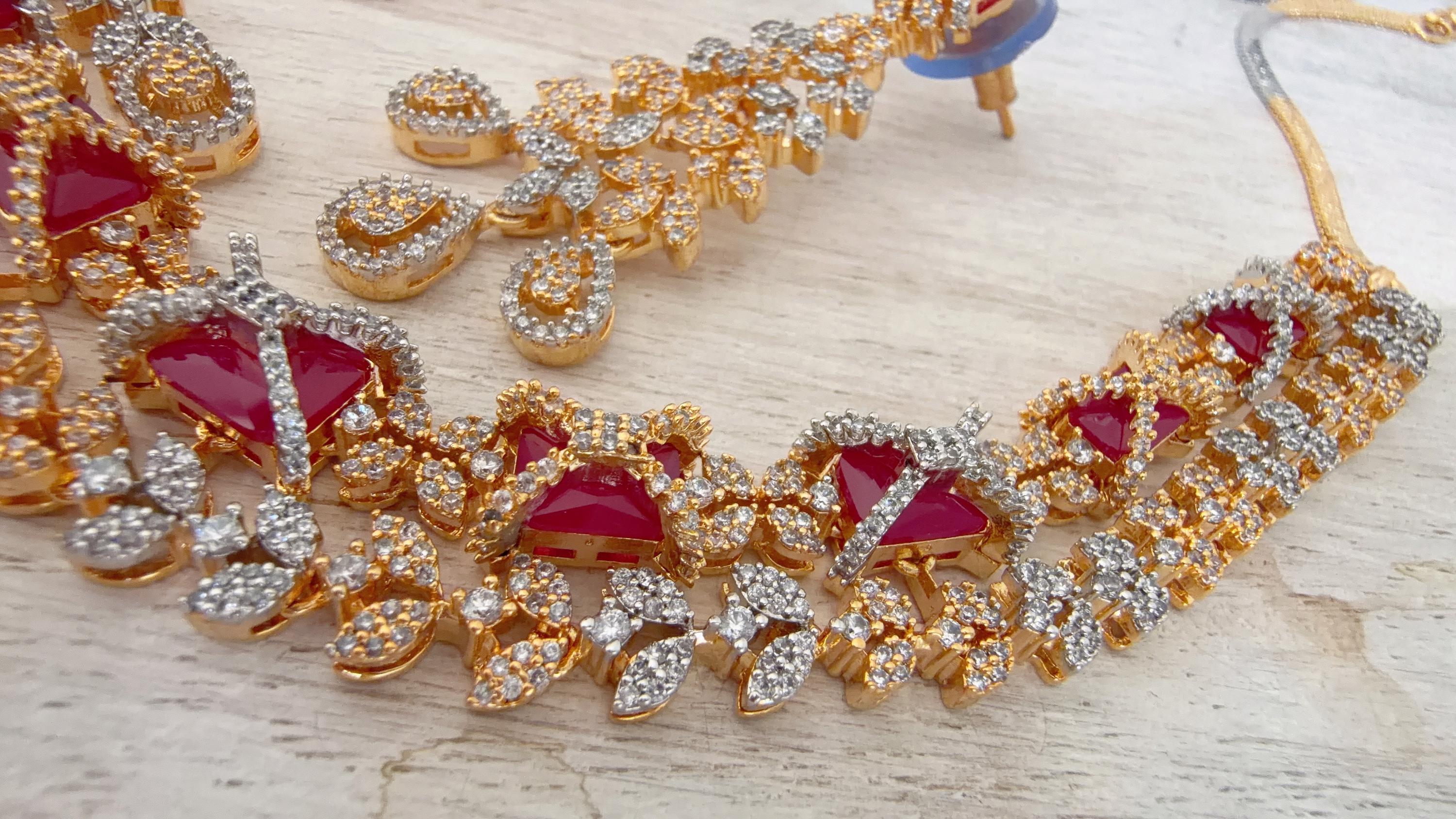 Ruby 2 Tone Bridal Diamond Necklace Set | Moissanite CZ Necklace | Indian Wedding Jewelry | Statement Necklace - Sam