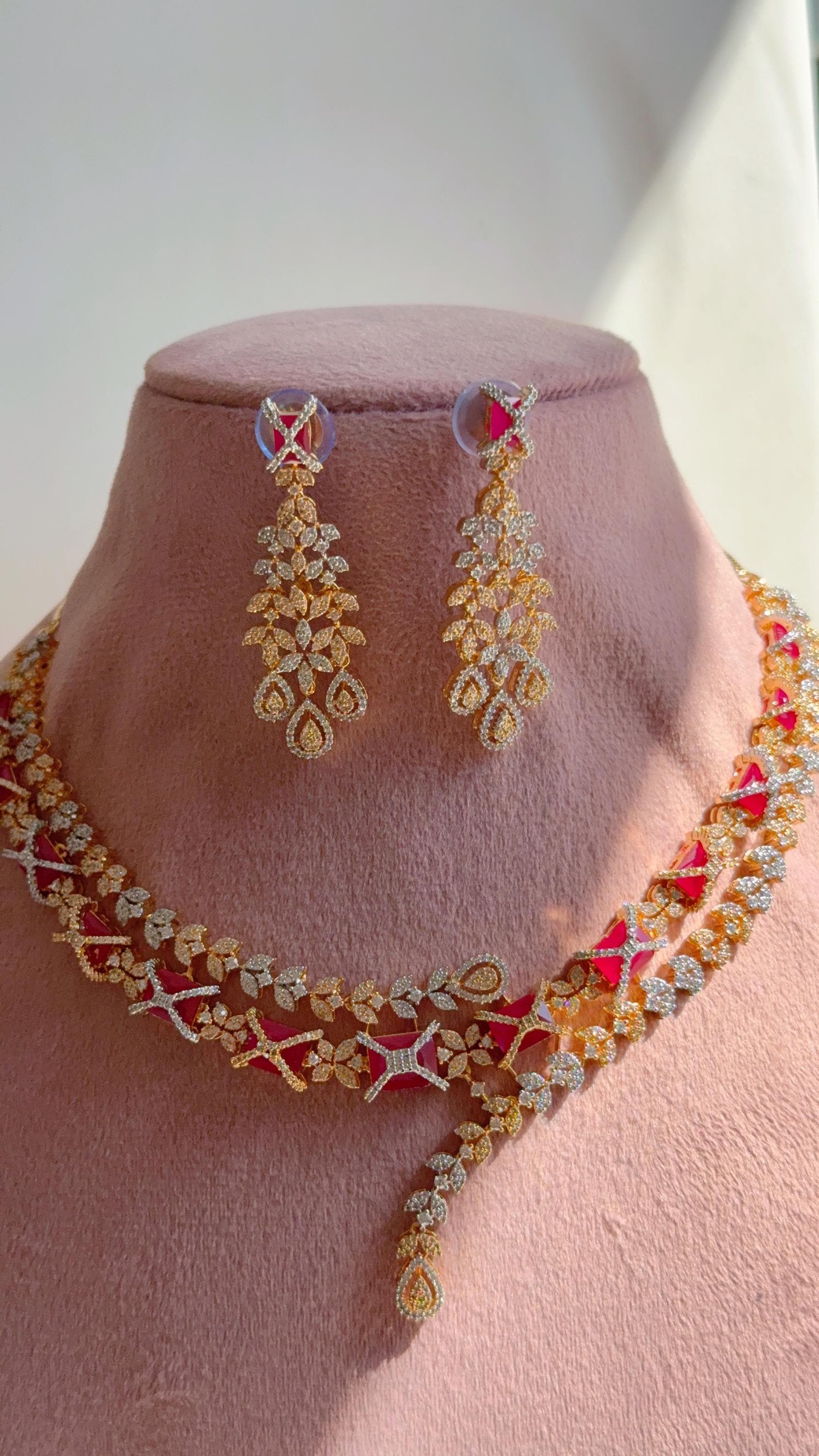 Ruby 2 Tone Bridal Diamond Necklace Set | Moissanite CZ Necklace | Indian Wedding Jewelry | Statement Necklace - Sam