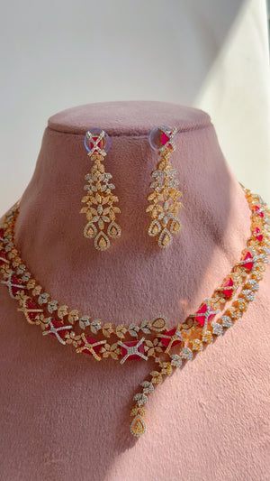 Ruby 2 Tone Bridal Diamond Necklace Set | Moissanite CZ Necklace | Indian Wedding Jewelry | Statement Necklace - Sam