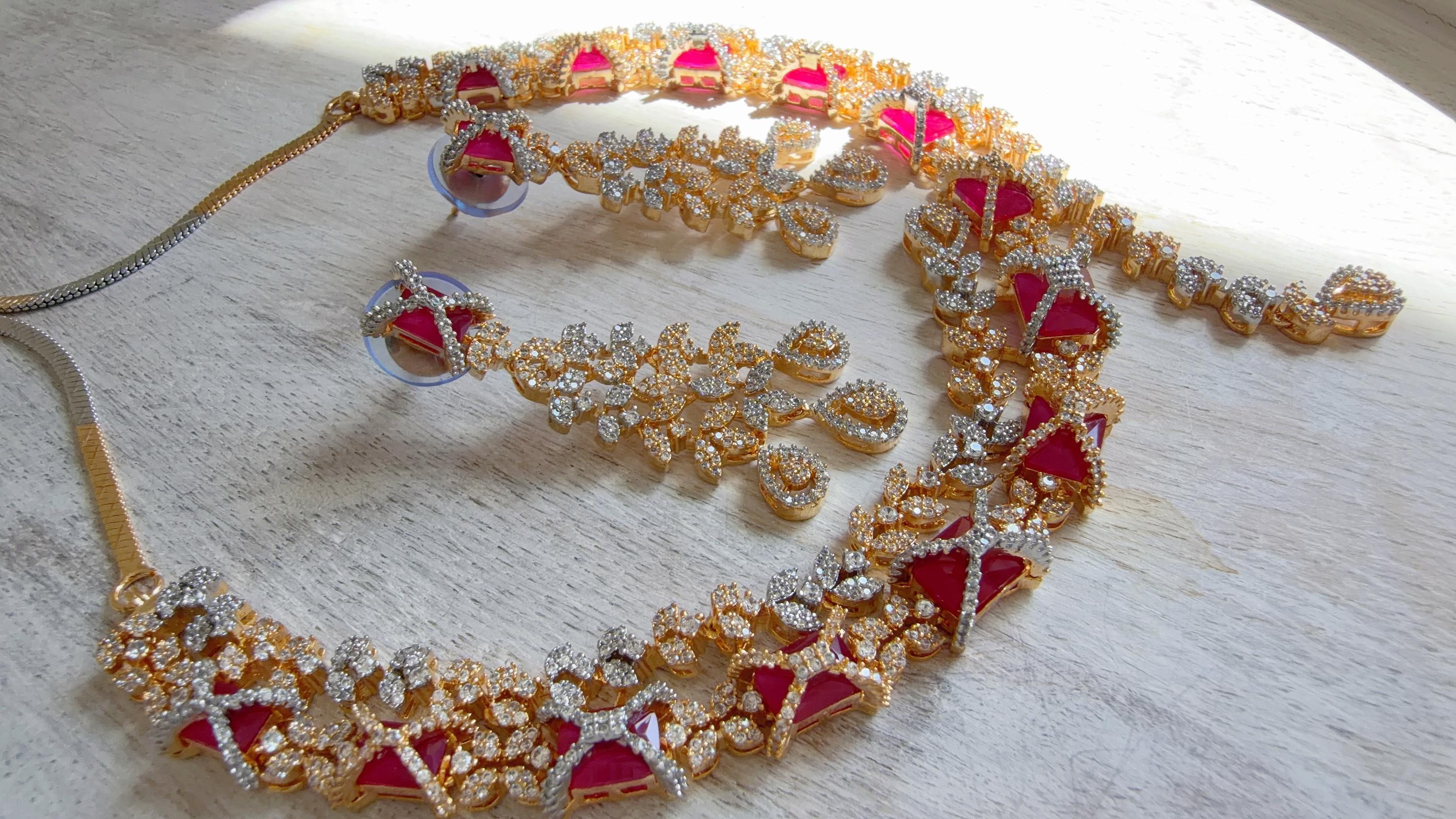 Ruby 2 Tone Bridal Diamond Necklace Set | Moissanite CZ Necklace | Indian Wedding Jewelry | Statement Necklace - Sam
