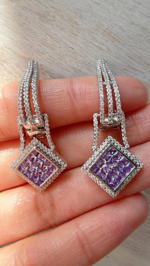 Silver Crystal Hoop Earrings | Cubic Zirconia purple Hoops | Elegant Lever Back Earrings | Everyday Luxury Jewelry | Gift for Her