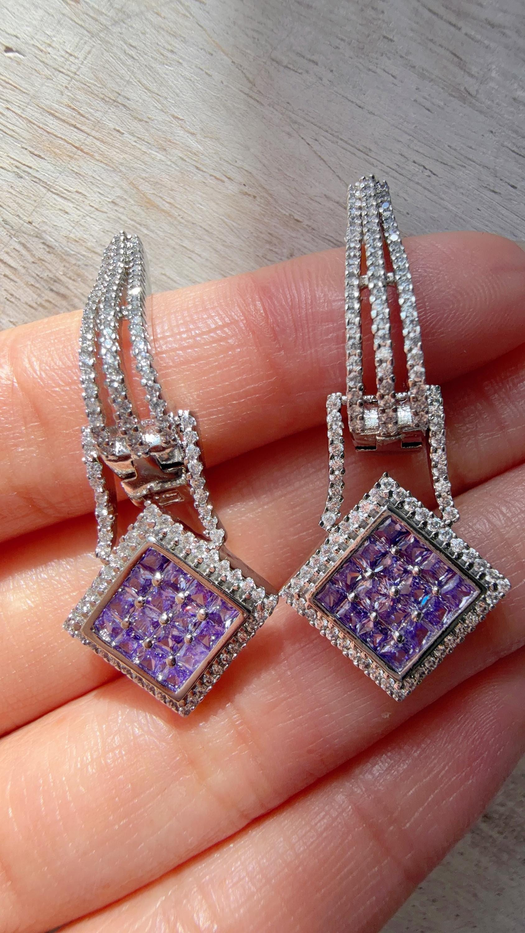Silver Crystal Hoop Earrings | Cubic Zirconia purple Hoops | Elegant Lever Back Earrings | Everyday Luxury Jewelry | Gift for Her