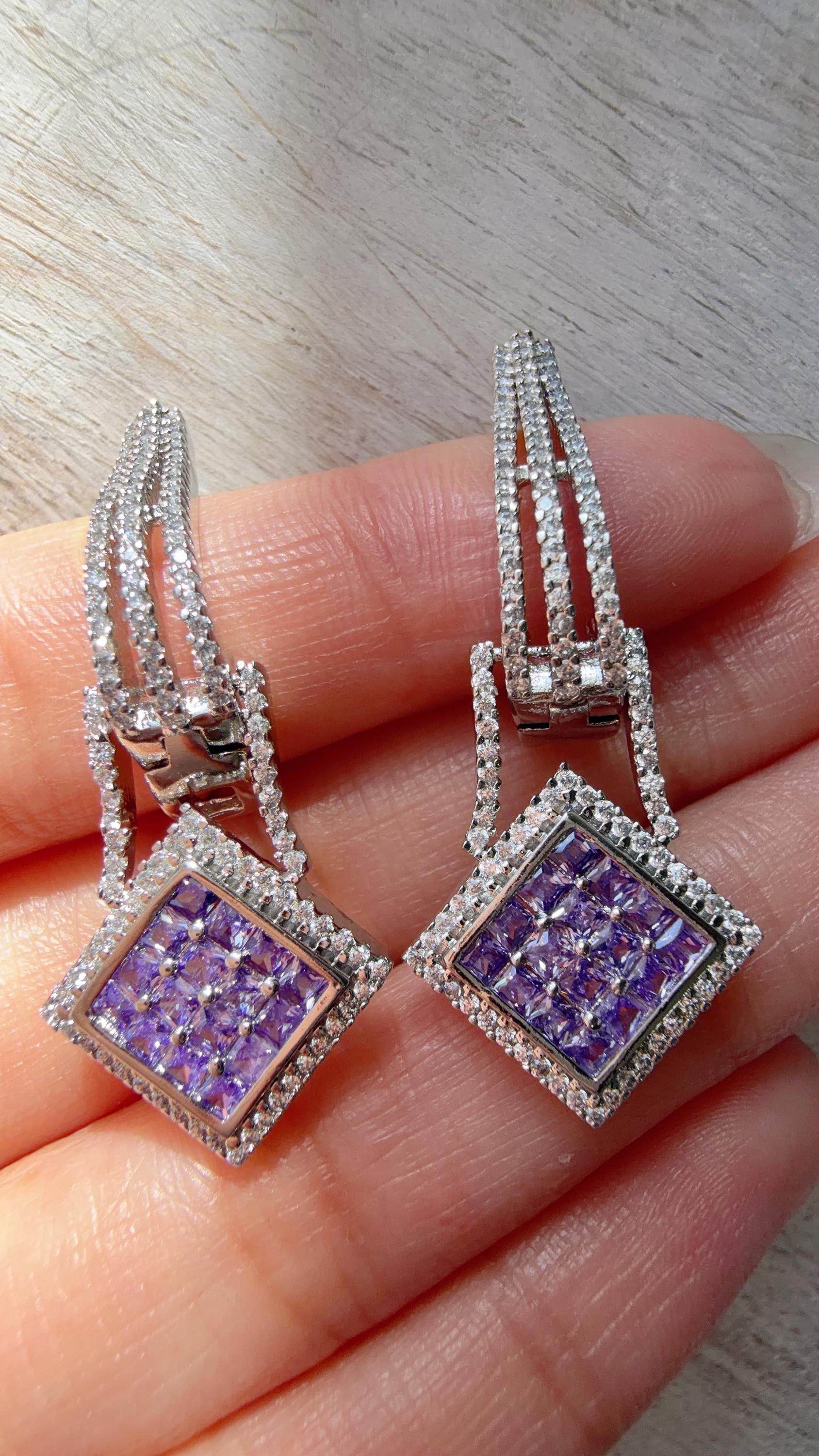 Silver Crystal Hoop Earrings | Cubic Zirconia purple Hoops | Elegant Lever Back Earrings | Everyday Luxury Jewelry | Gift for Her