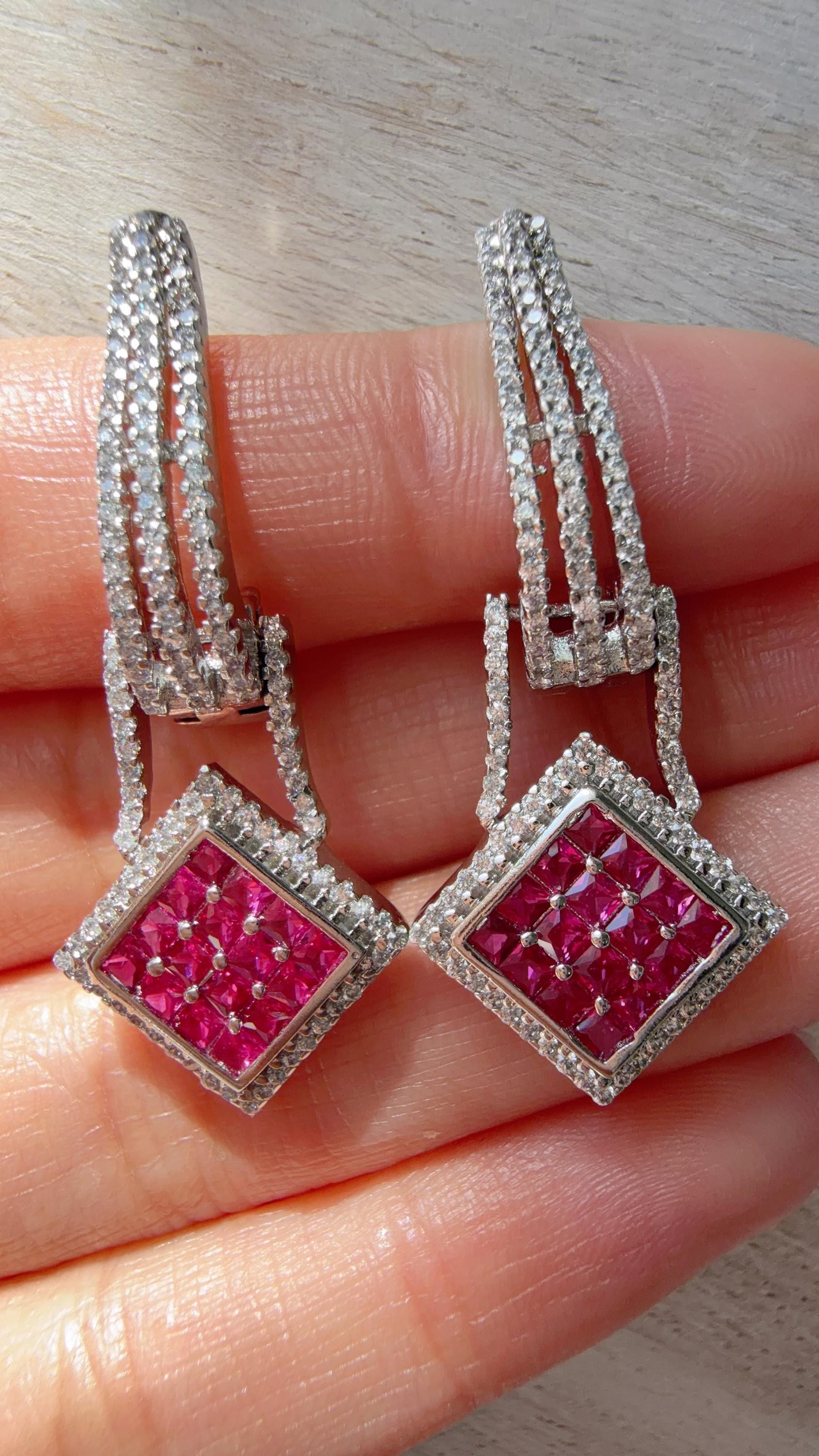 Silver Crystal Hoop Earrings | Cubic Zirconia Ruby Hoops | Elegant Lever Back Earrings | Everyday Luxury Jewelry | Gift for Her