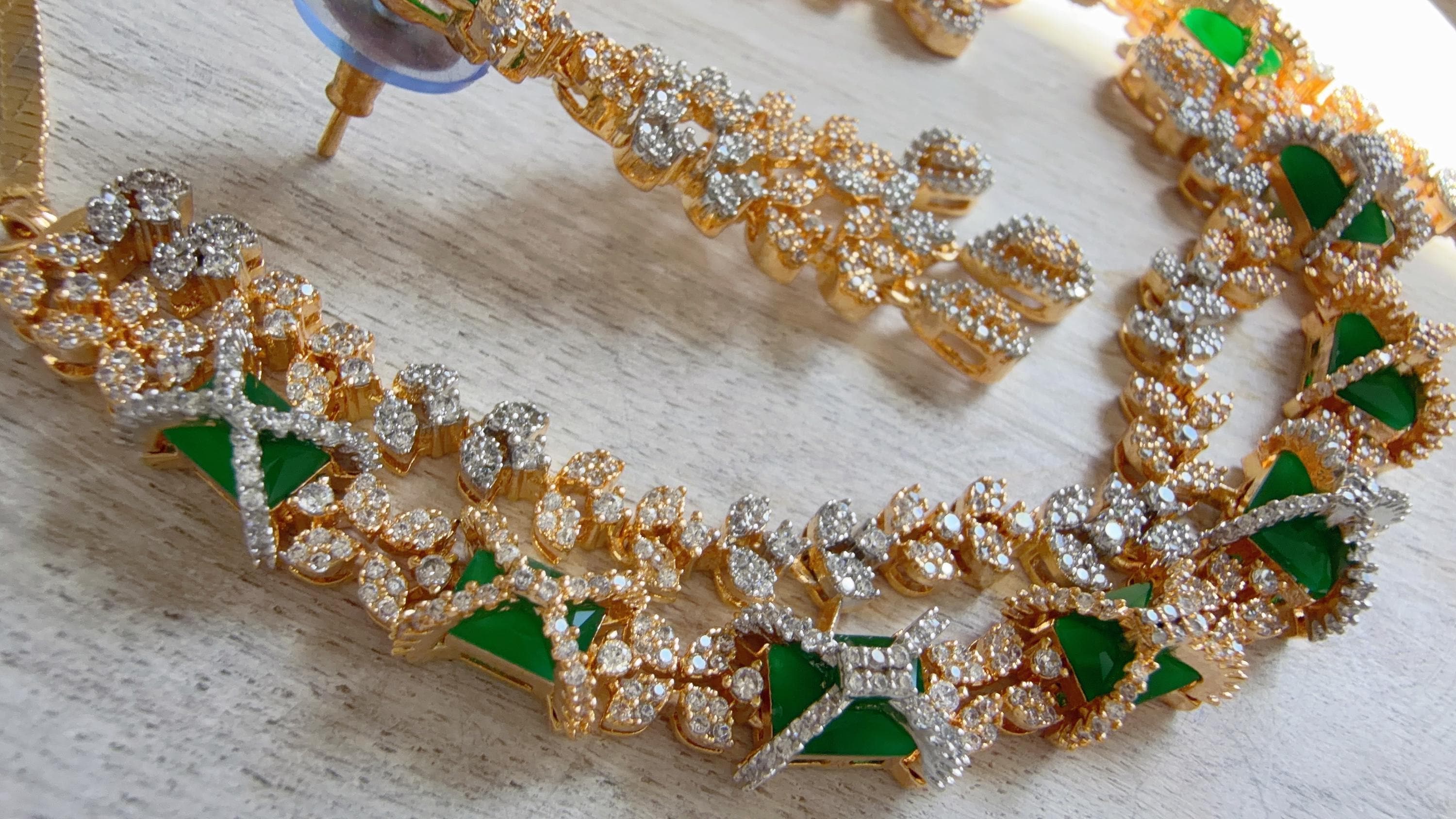 Emerald Green 2 Tone Bridal Diamond Necklace Set | Moissanite CZ Necklace | Indian Wedding Jewelry | Statement Necklace - Sam