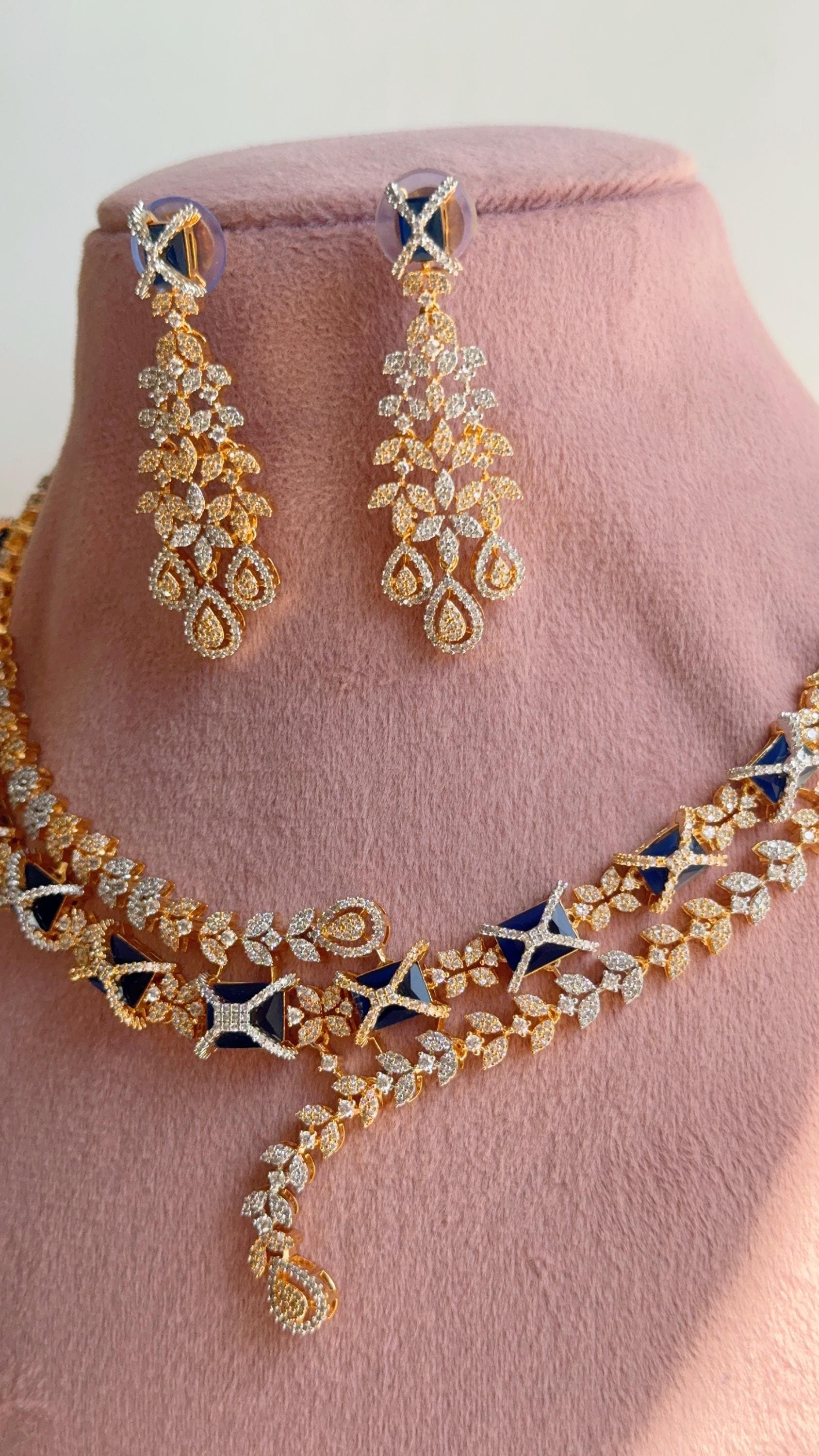 Emerald Green 2 Tone Bridal Diamond Necklace Set | Moissanite CZ Necklace | Indian Wedding Jewelry | Statement Necklace - Sam