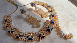 Blue 2 Tone Bridal Diamond Necklace Set | Moissanite CZ Necklace | Indian Wedding Jewelry | Statement Necklace - Sam