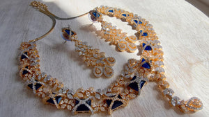 Blue 2 Tone Bridal Diamond Necklace Set | Moissanite CZ Necklace | Indian Wedding Jewelry | Statement Necklace - Sam