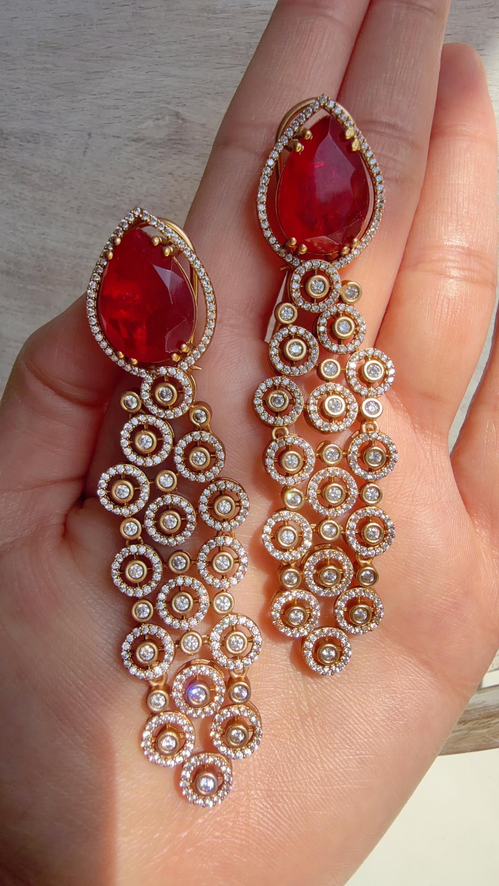 Moissanite kundan Ruby Earrings /Diamond Chandelier Earrings/ Diamond doublet Earrings// Kundan Jhumka /Cubic Zirconia earrings