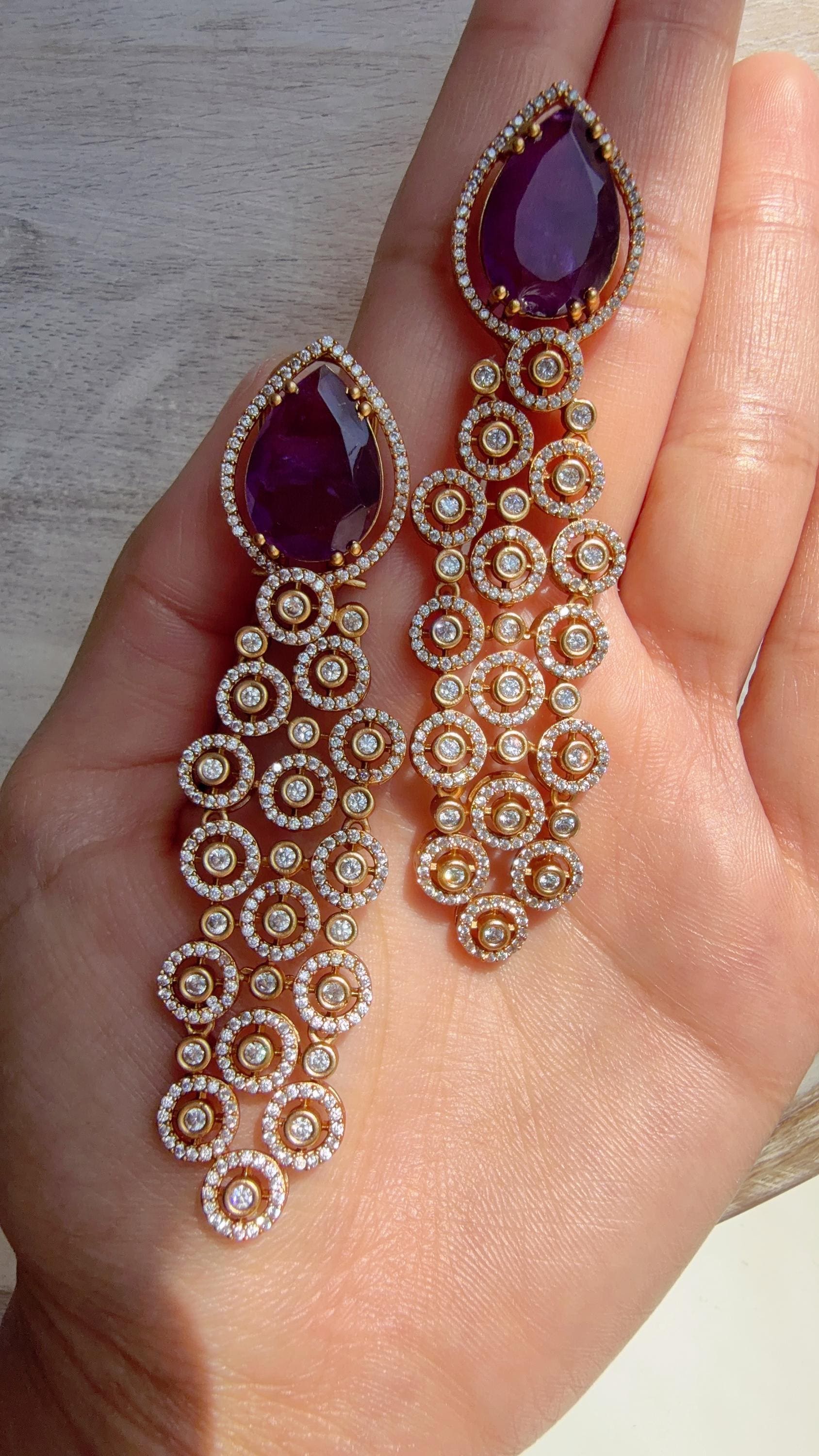 Moissanite kundan Purple Earrings /Diamond Chandelier Earrings/ Diamond doublet Earrings// Kundan Jhumka /Cubic Zirconia earrings