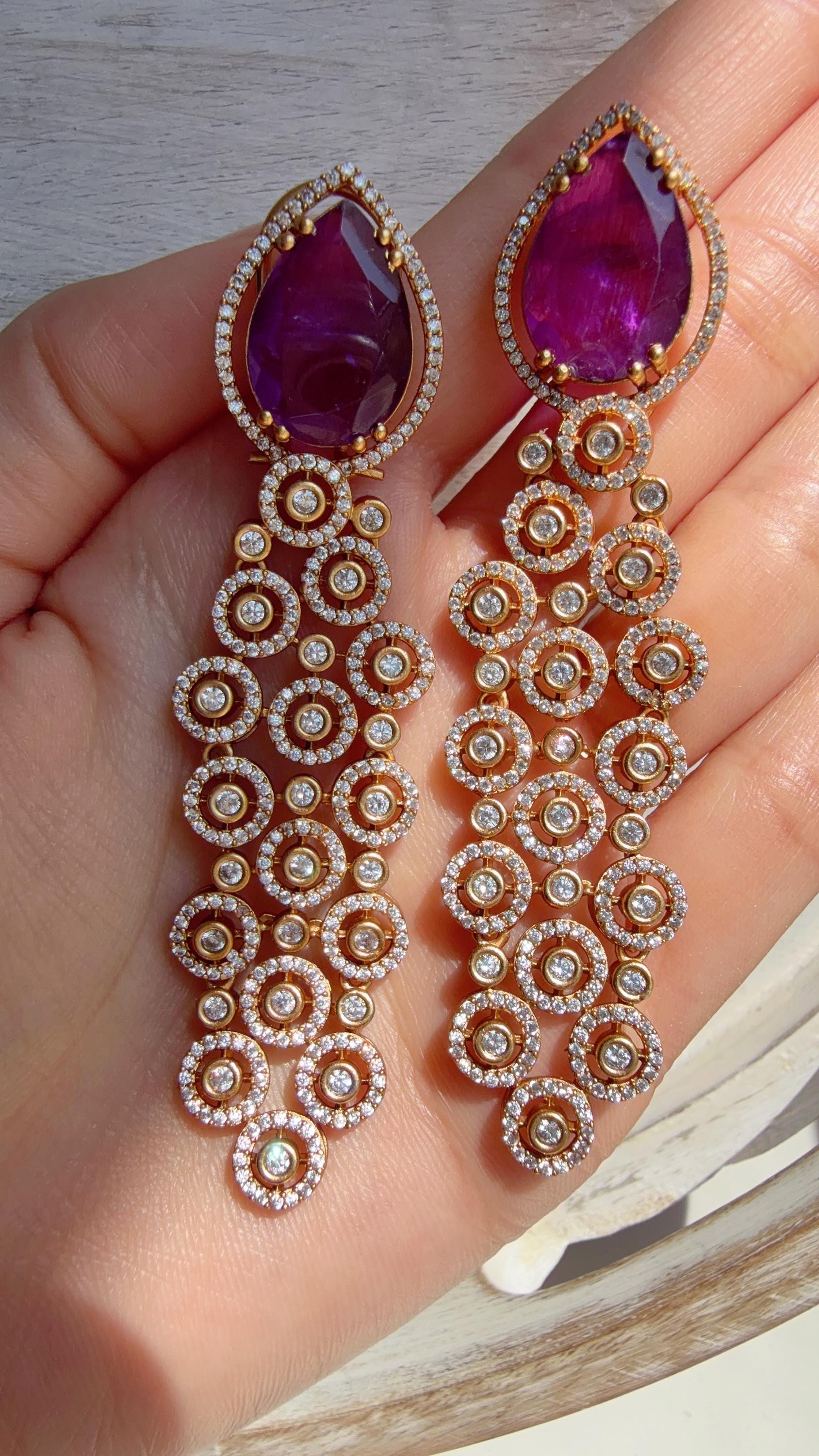 Moissanite kundan Purple Earrings /Diamond Chandelier Earrings/ Diamond doublet Earrings// Kundan Jhumka /Cubic Zirconia earrings