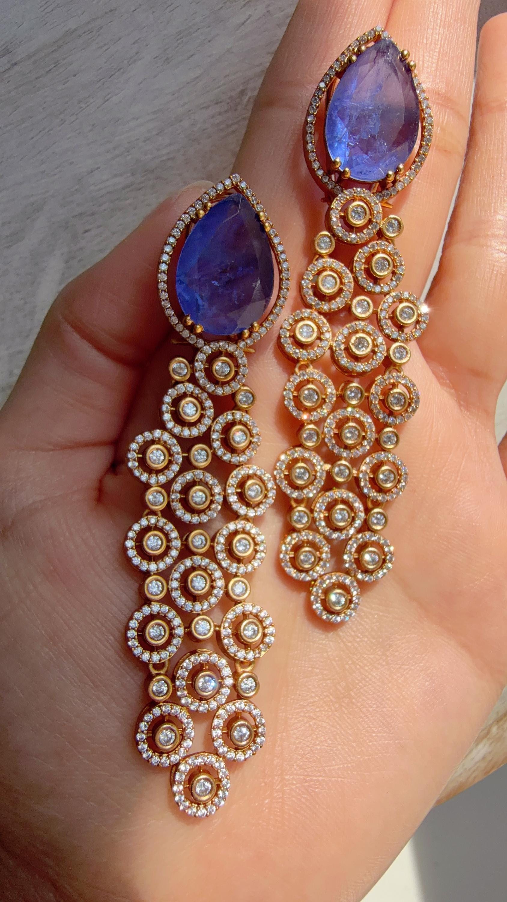 Moissanite kundan Blue Earrings /Diamond Chandelier Earrings/ Diamond doublet Earrings// Kundan Jhumka /Cubic Zirconia earrings