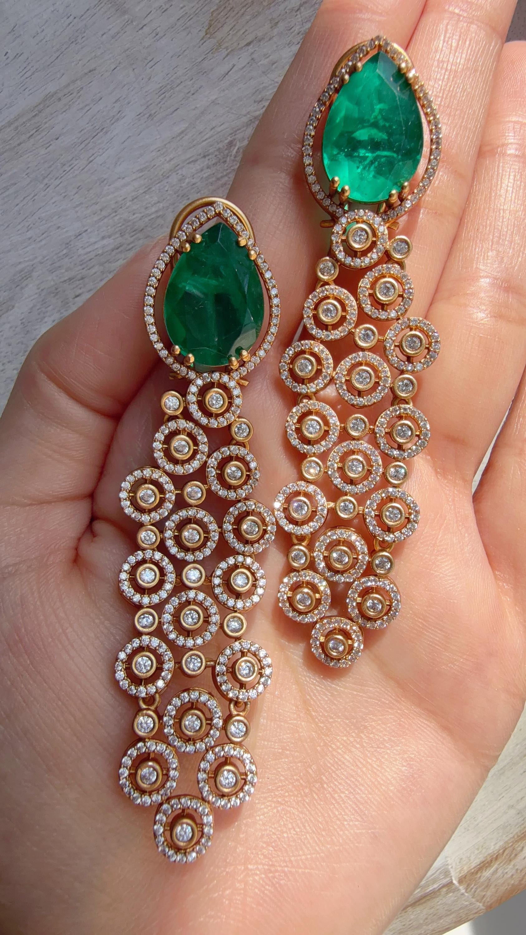 Moissanite kundan Green Earrings /Diamond Chandelier Earrings/ Diamond doublet Earrings// Kundan Jhumka /Cubic Zirconia earrings