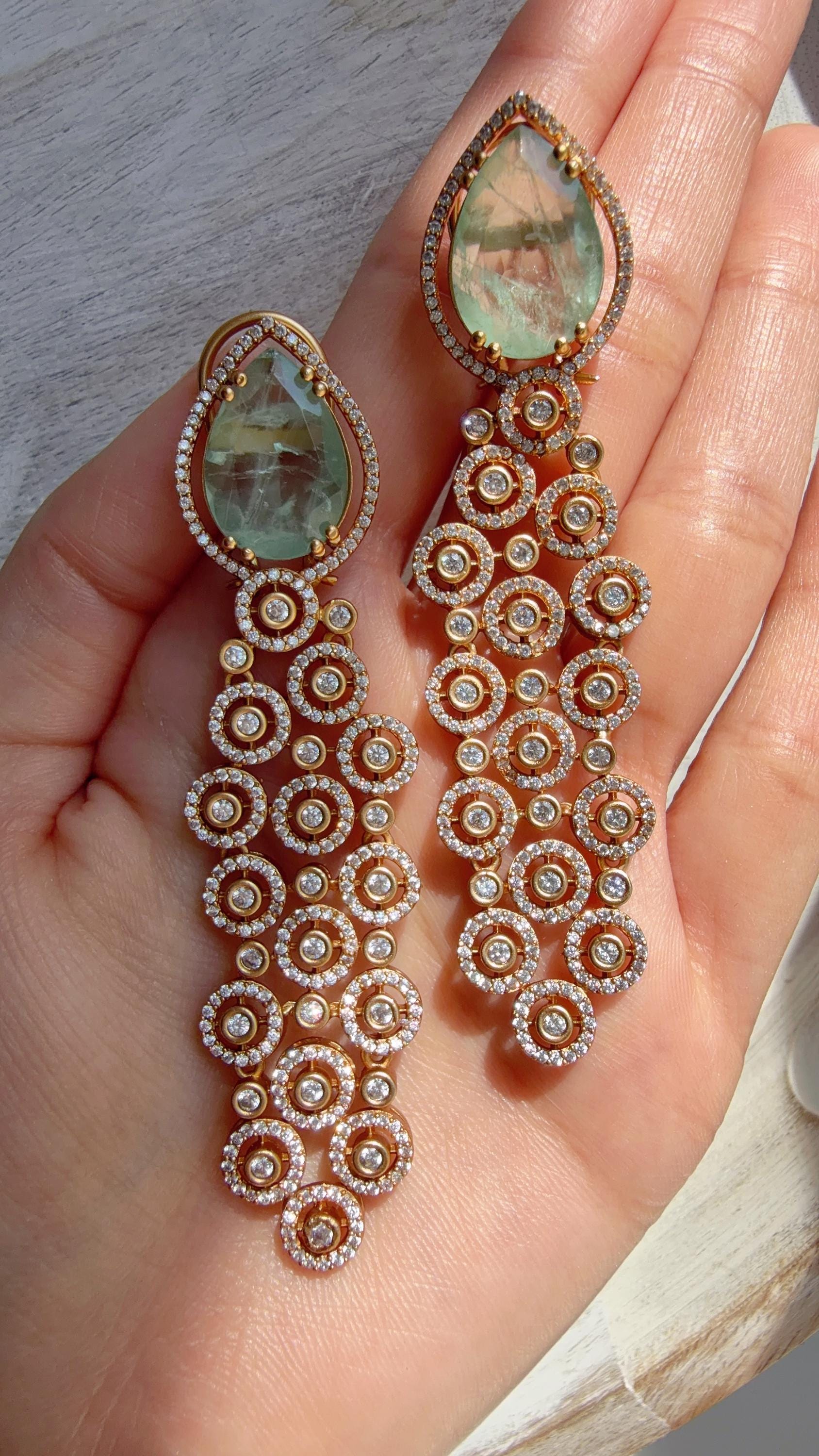 Moissanite kundan Mint Earrings /Diamond Chandelier Earrings/ Diamond doublet Earrings// Kundan Jhumka /Cubic Zirconia earrings