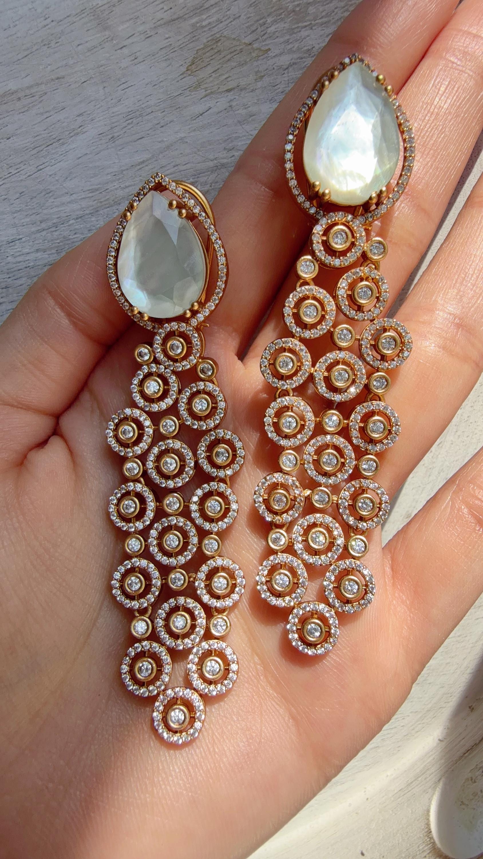 Moissanite kundan Earrings /Diamond Chandelier Mother of pearl Earrings/ Diamond doublet Earrings// Kundan Jhumka /Cubic Zirconia earrings