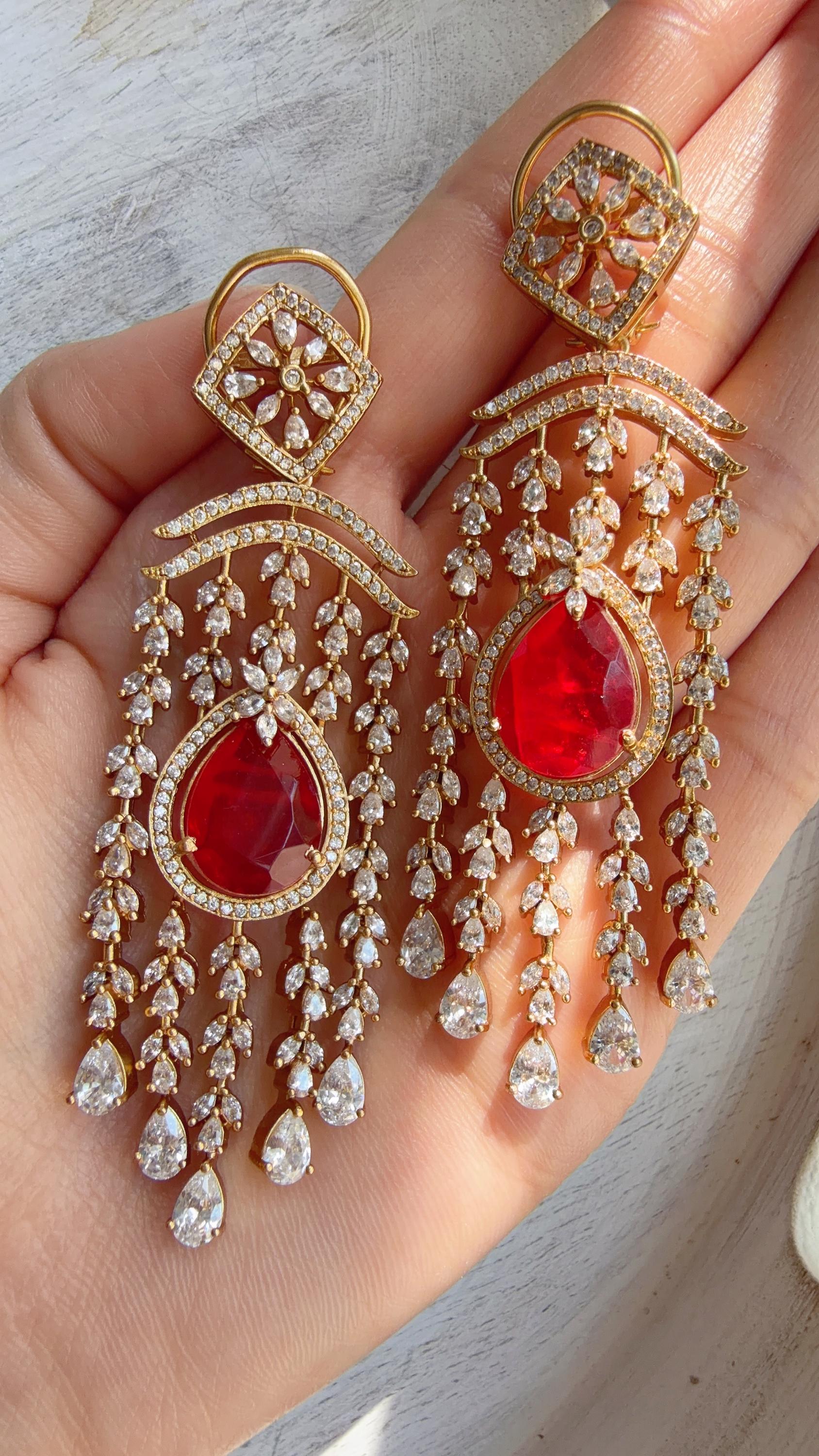 Ruby doublet diamond Chandelier Earrings/Statement diamond Earrings/Diamond Drop Earrings/Suhag Bridal earrings