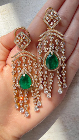 Green doublet diamond Chandelier Earrings/Statement diamond Earrings/Diamond Drop Earrings/Suhag Bridal earrings