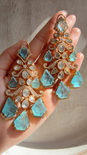 Statement Moissanite Firoza doublet Earrings/Elegant Long Drop Large Earrings |/kundan Earrings/Sia Bridal Diamond earrings