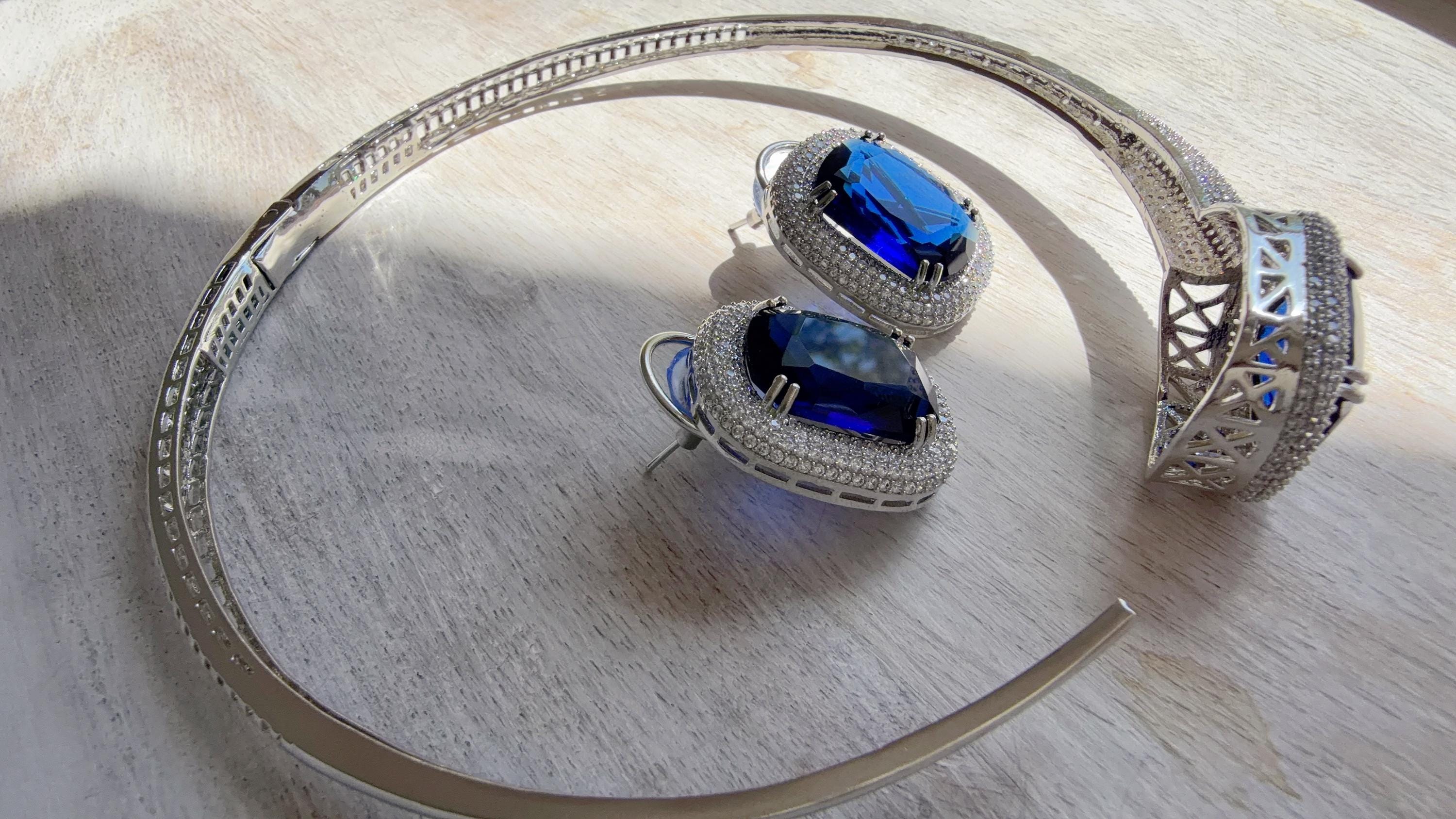 Blue Hasli Necklace and Stud Earrings Set | Moissanite CZ Jewelry | Luxury Statement Set - Hellen