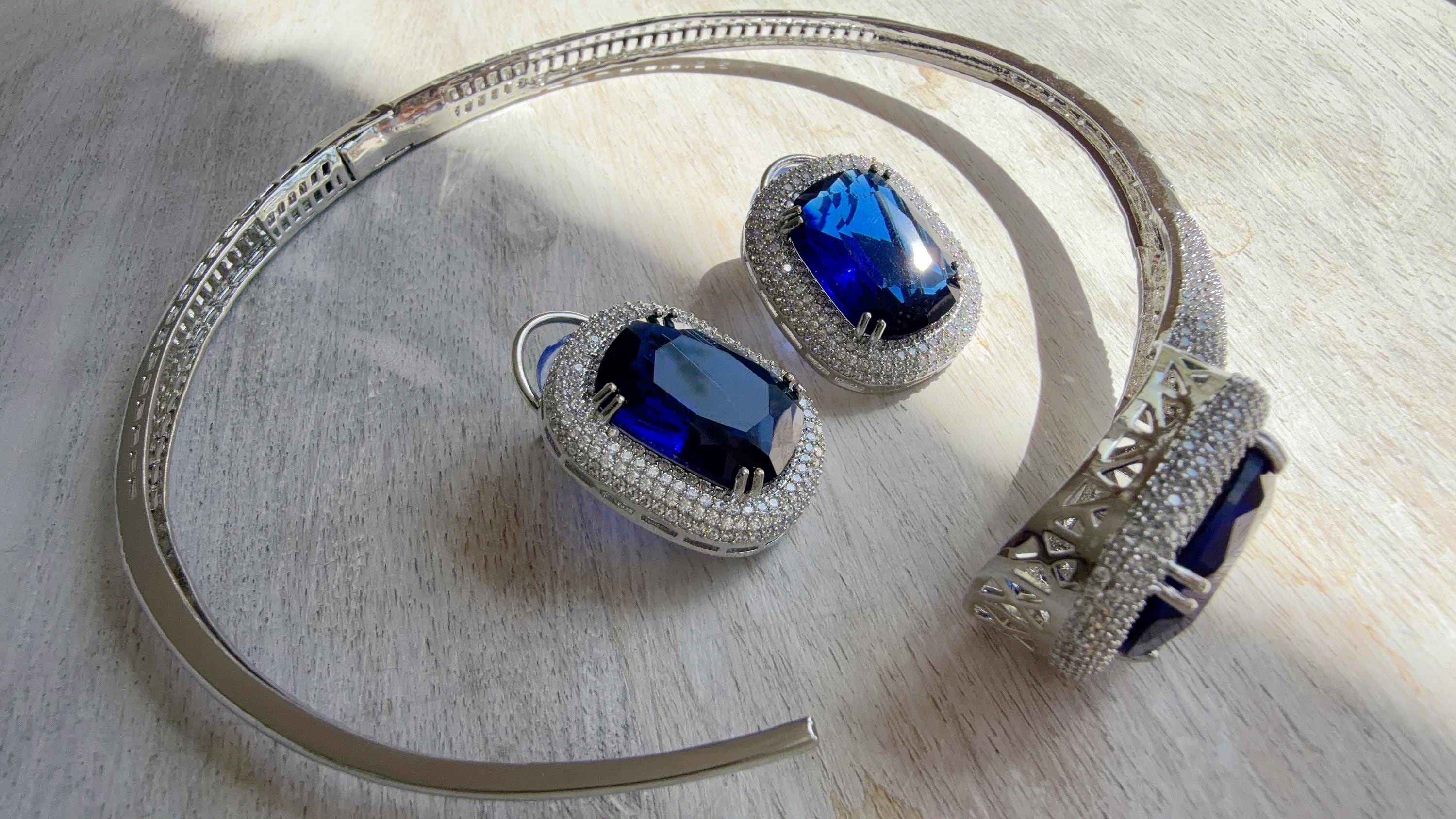 Blue Hasli Necklace and Stud Earrings Set | Moissanite CZ Jewelry | Luxury Statement Set - Hellen