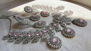 Baby Pink Rhodium Bridal Necklace Set with Earrings and Maang Tikka | CZ Indian Wedding Jewelry | Statement Necklace - Kajol