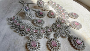 Baby Pink Rhodium Bridal Necklace Set with Earrings and Maang Tikka | CZ Indian Wedding Jewelry | Statement Necklace - Kajol