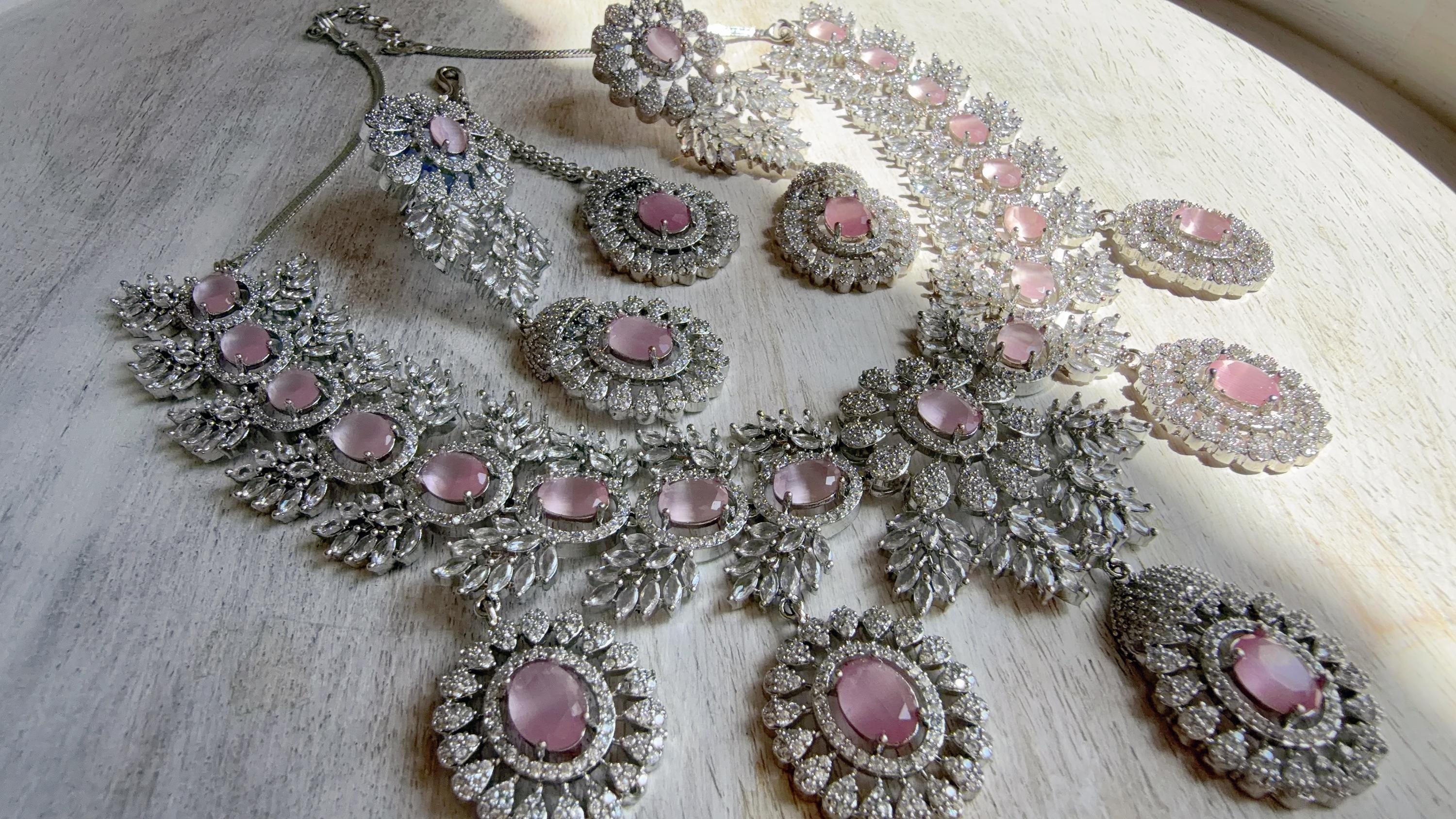 Baby Pink Rhodium Bridal Necklace Set with Earrings and Maang Tikka | CZ Indian Wedding Jewelry | Statement Necklace - Kajol