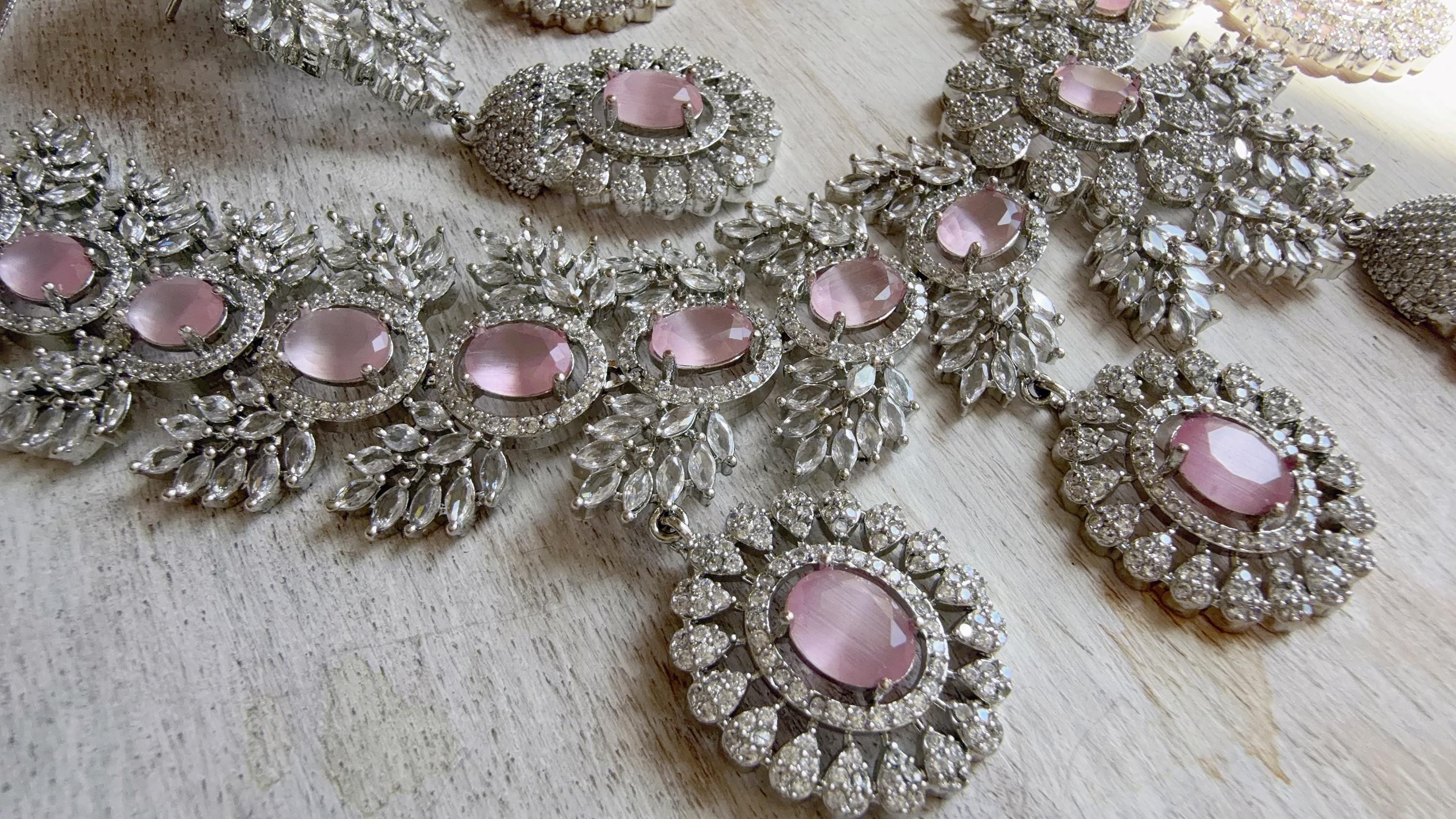 Baby Pink Rhodium Bridal Necklace Set with Earrings and Maang Tikka | CZ Indian Wedding Jewelry | Statement Necklace - Kajol