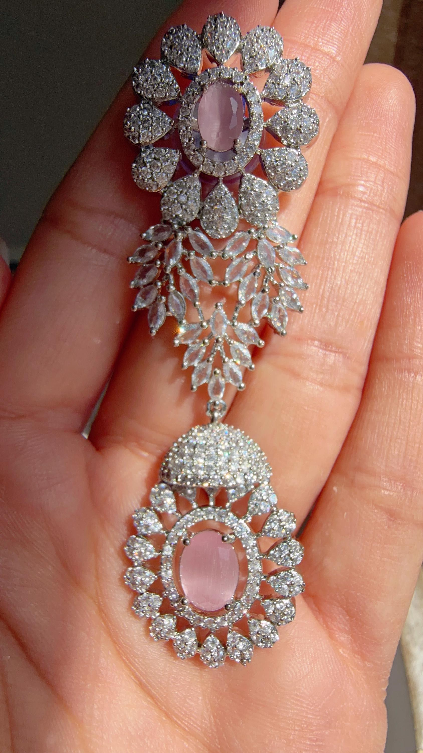 Baby Pink Rhodium Bridal Necklace Set with Earrings and Maang Tikka | CZ Indian Wedding Jewelry | Statement Necklace - Kajol