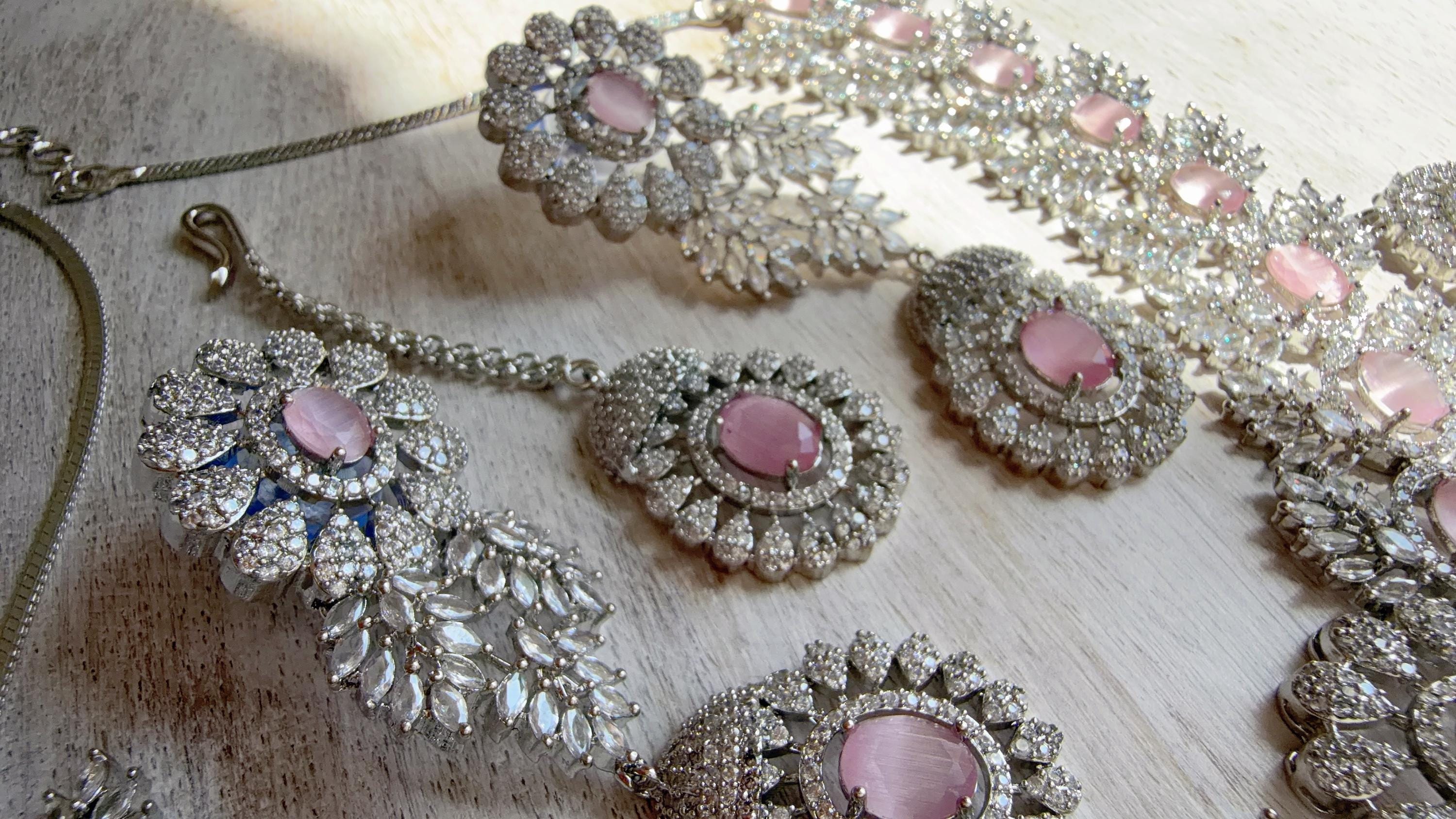 Baby Pink Rhodium Bridal Necklace Set with Earrings and Maang Tikka | CZ Indian Wedding Jewelry | Statement Necklace - Kajol